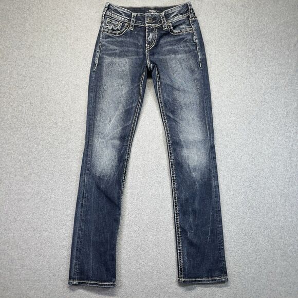Silver Suki Jeans Women’s 26x32 Stone Wash Thick Stitch Fluid Denim Mid Straight - Picture 1 of 16